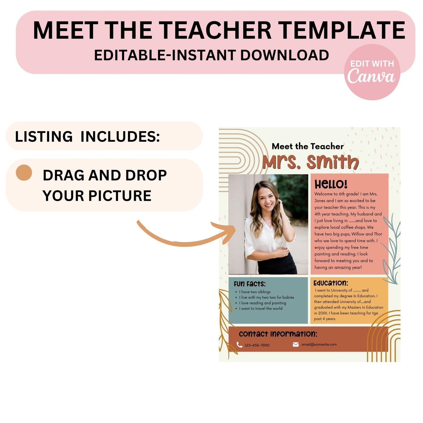 Meet the Teacher Printable Template | Teacher Introduction Boho Classroom Design | Canva Editable Instant Download