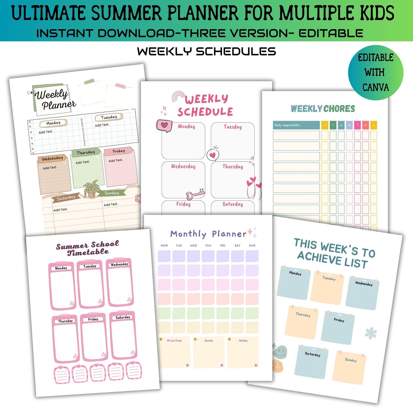 Printable Editable Summer Planner Bundle | Summer Calendar, Checklist & Chore Chart for Multiple Kids