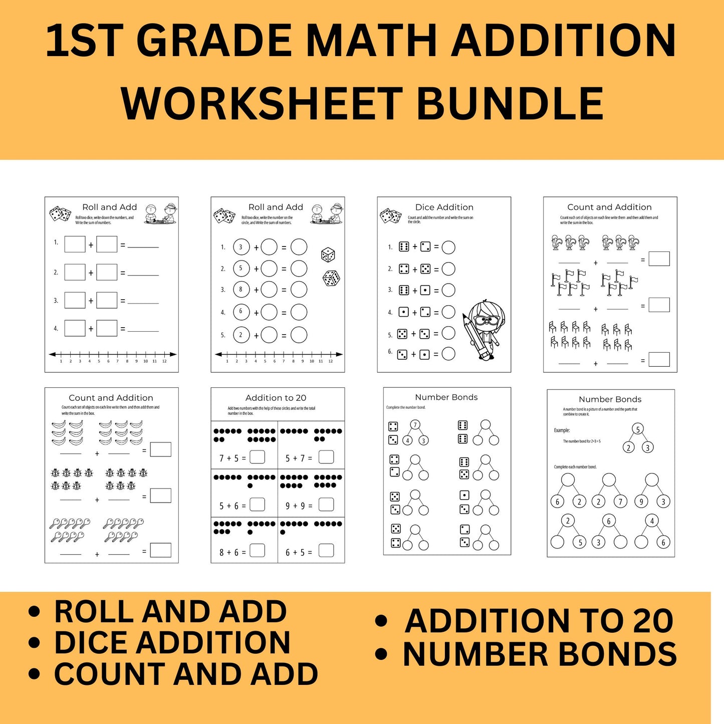 1st Grade Math Worksheets - Addition Practice | Kindergarten & Grade 1 Math Printable PDF | Instant Download