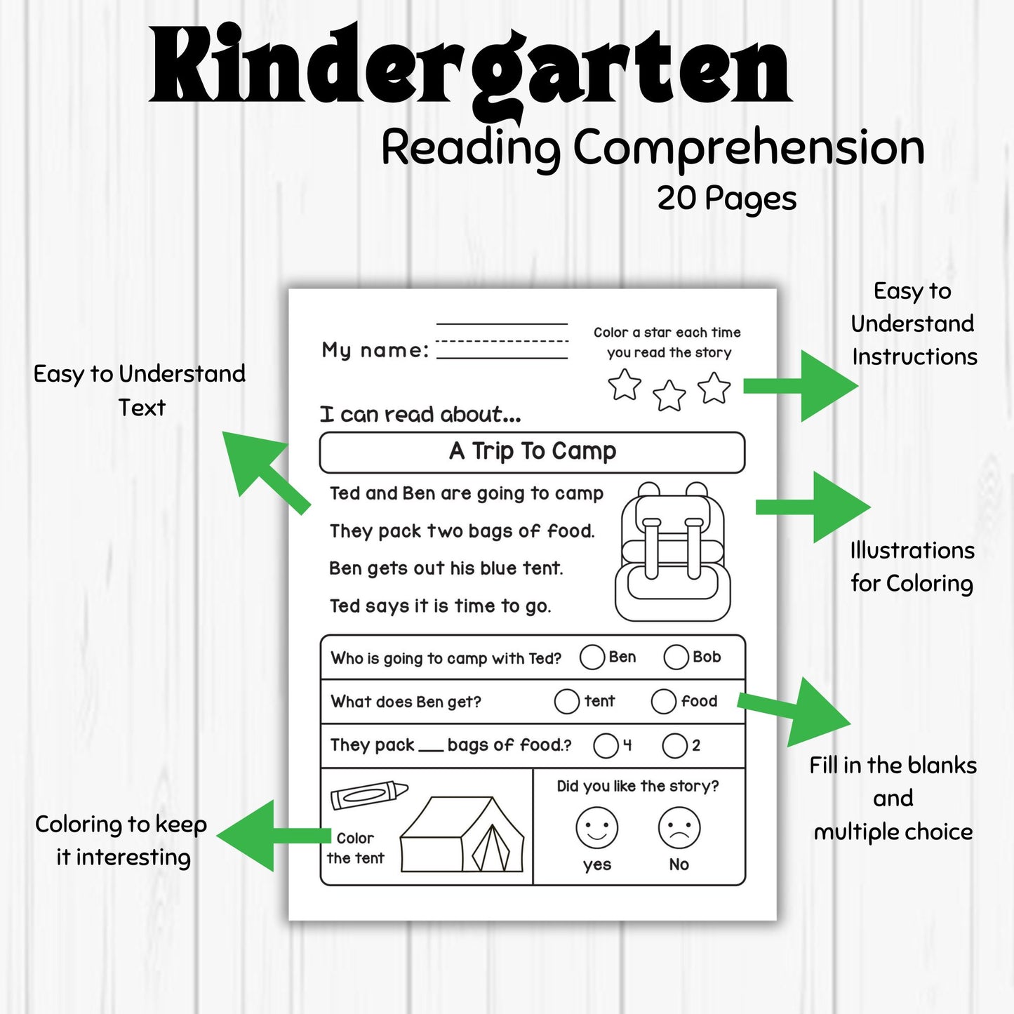 Reading Comprehension Pack for Beginner Readers 20 Worksheets Easy Text Multiple Choice Questions with Illustrations