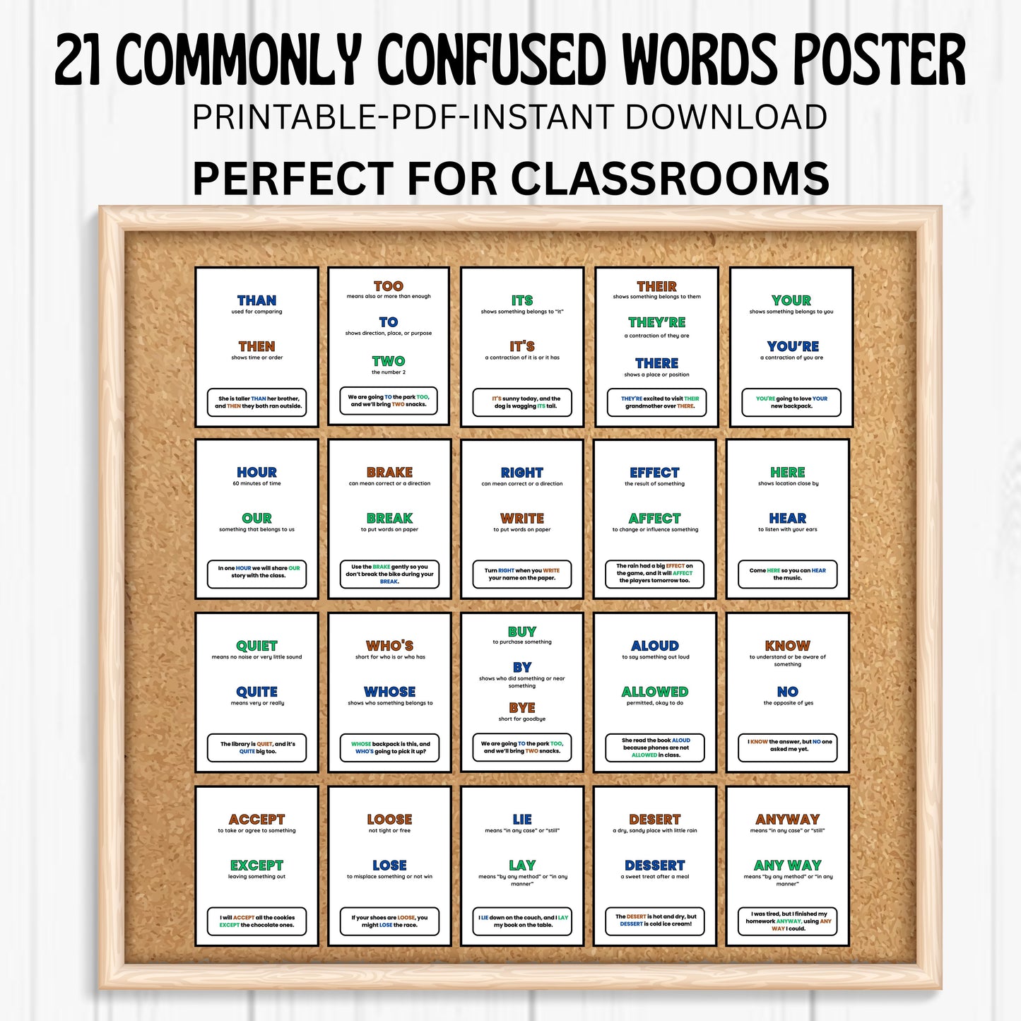 21 Commonly Confused Words Posters | Grammar Anchor Charts for Elementary Classroom and Homeschool