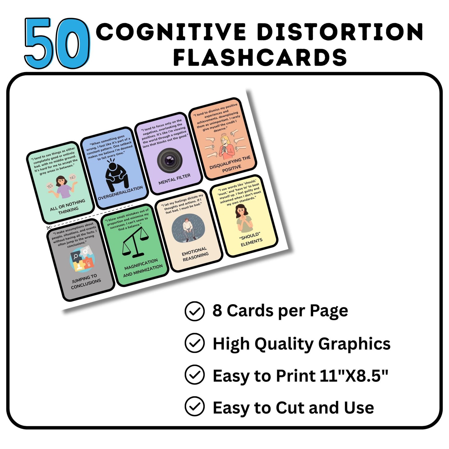 Cognitive Distortion Cards – CBT Therapy Cards for Cognitive Behavioral Therapy, Cognitive Biases, Mental Health Worksheets, Therapy Tools
