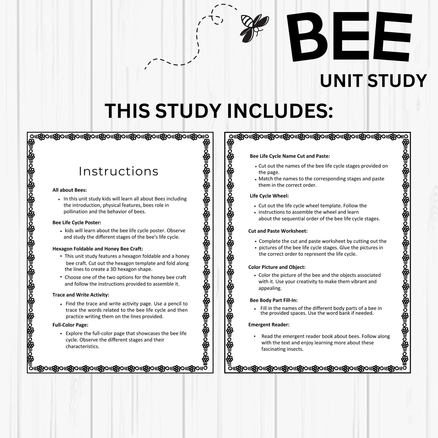Insect and Pollination Unit Study Bundle – Butterfly, Bee, Ladybug, Flower Worksheets for Kids