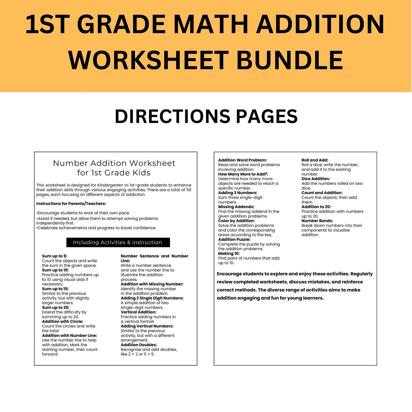 1st Grade Math Worksheets - Addition Practice | Kindergarten & Grade 1 Math Printable PDF | Instant Download