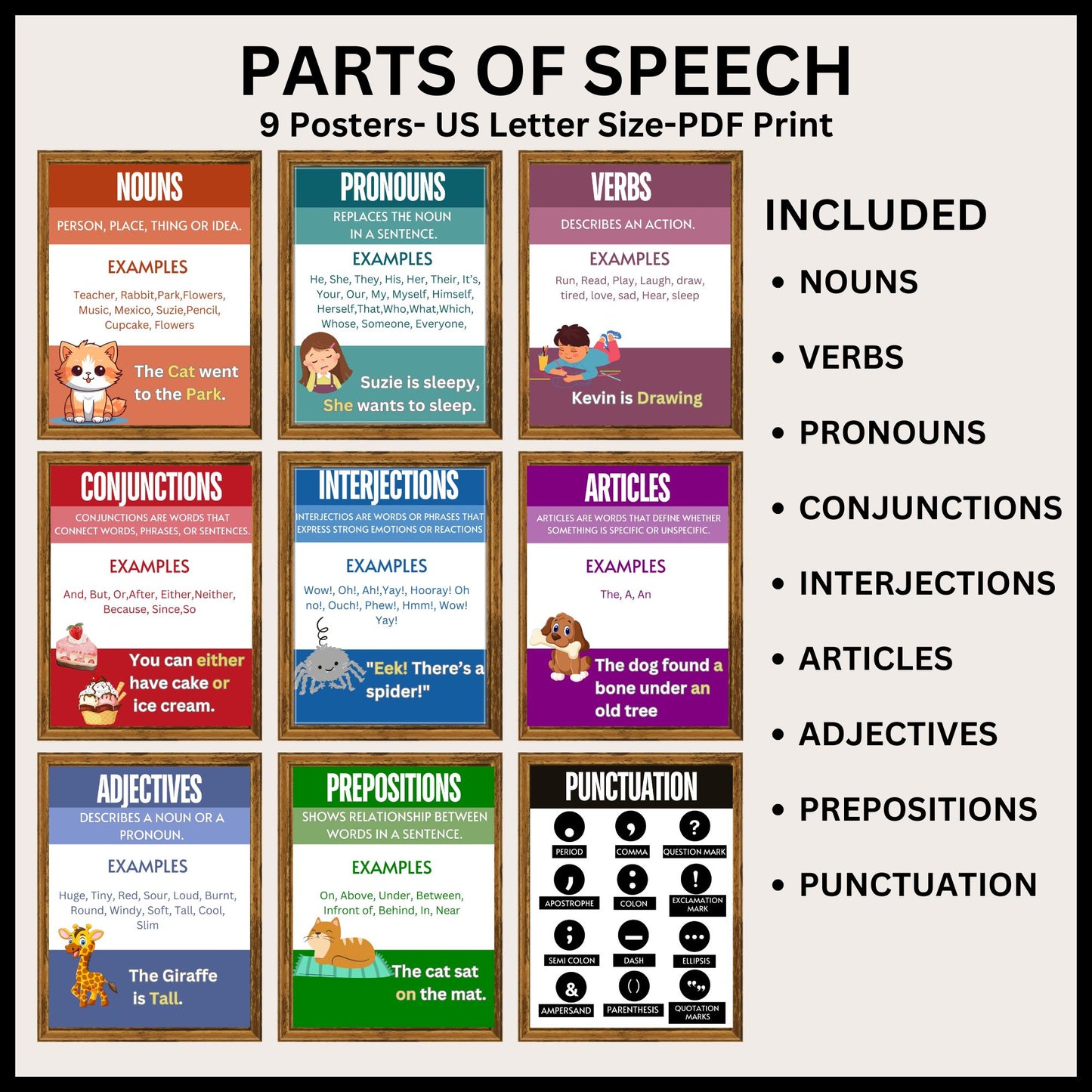 English Posters Bundle Parts of Speech Posters Bulletin Board Bright Retro Color Posters Bundle English Classroom Posters Classroom Decor