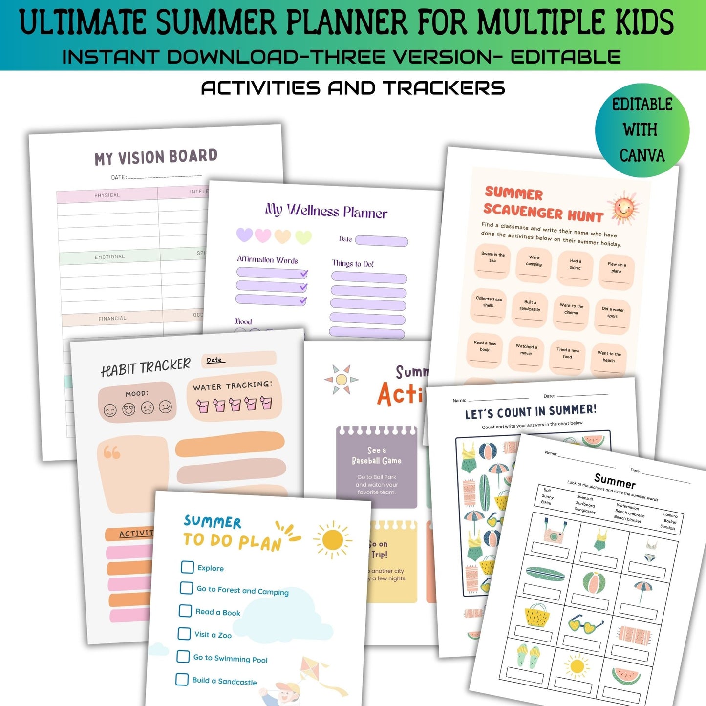 Printable Editable Summer Planner Bundle | Summer Calendar, Checklist & Chore Chart for Multiple Kids