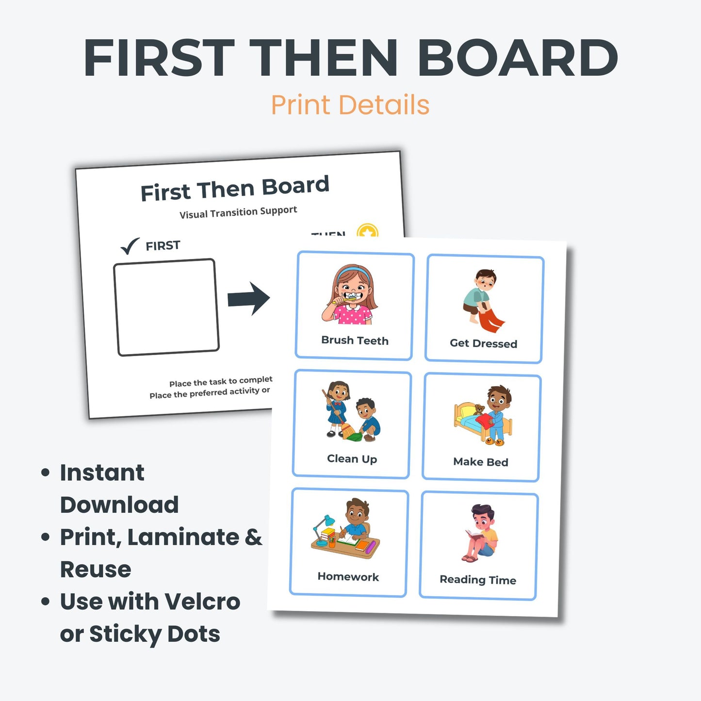 First Then board used with sticky dots for autism behavior support