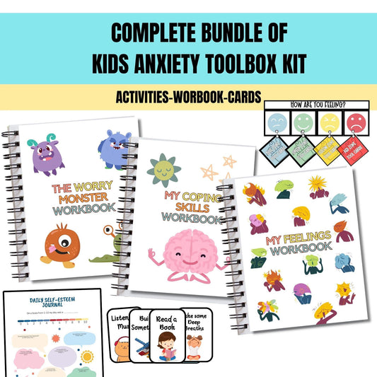 Kids Anxiety Toolkit Bundle – Printable CBT Worksheets & Coping Skills Activities Bundle Calm Down Strategies Anxiety Therapy Techniques  Grounding Strategies Anxiety Worksheets Feelings Journal