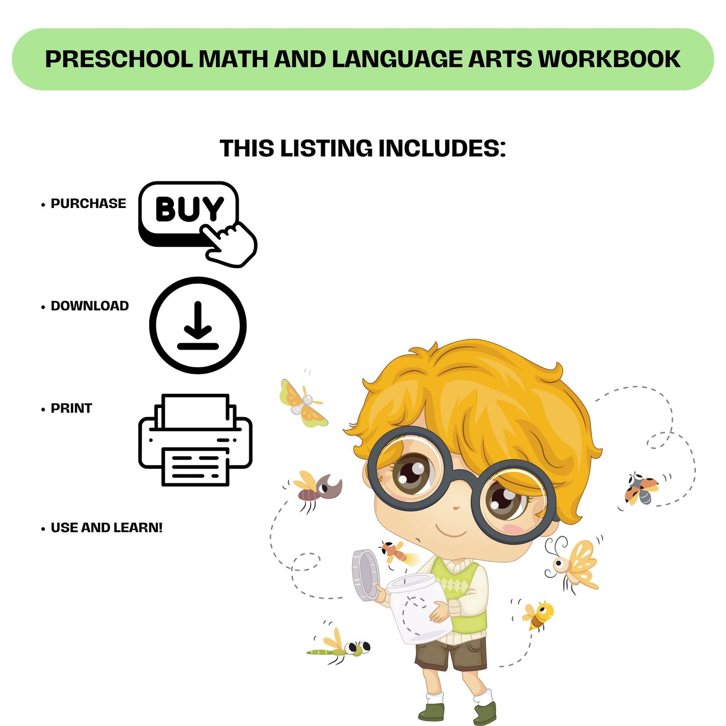 Printable Preschool Workbook | Insect Theme Toddler Activities | Homeschool Worksheets for Math and English