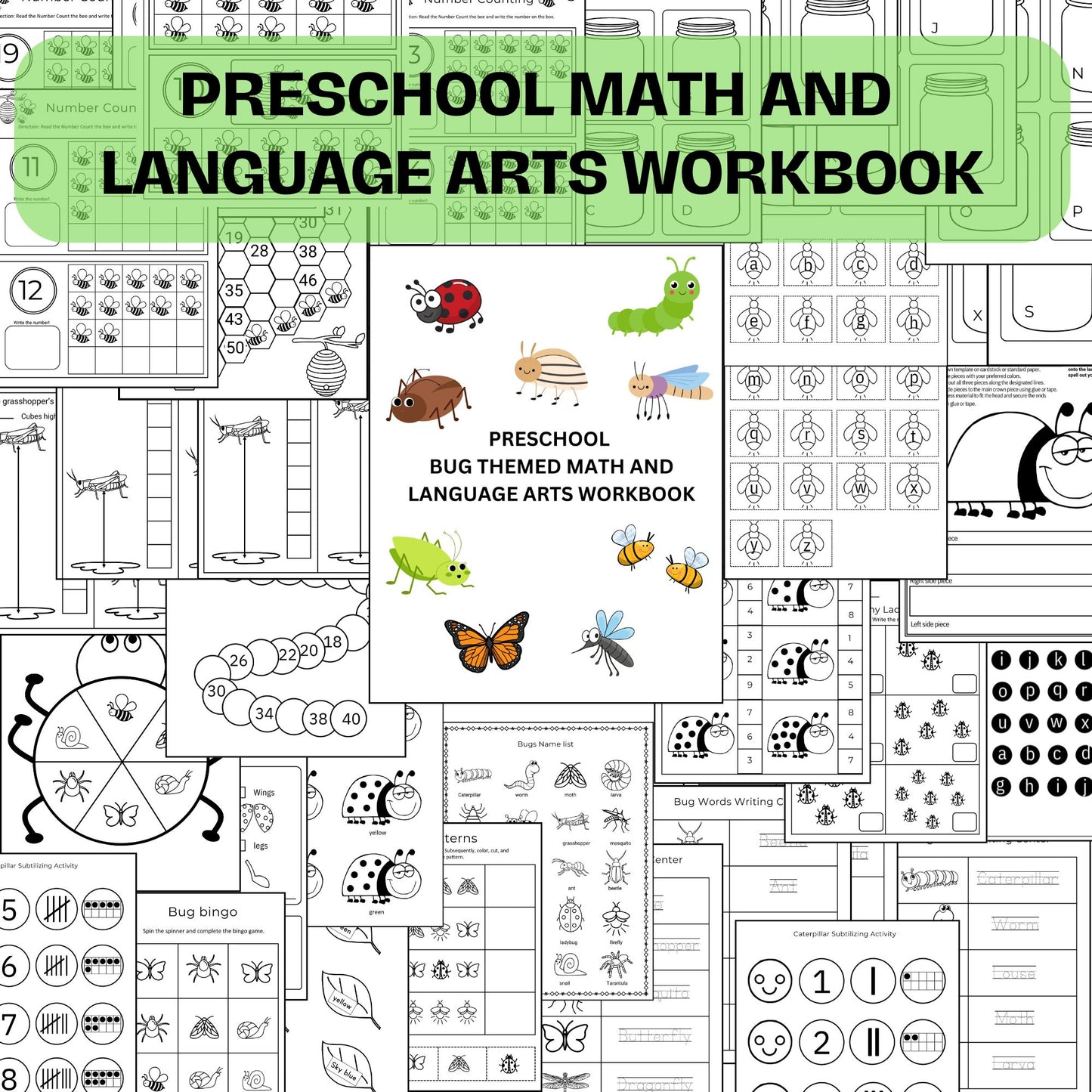 Printable Preschool Workbook | Insect Theme Toddler Activities | Homeschool Worksheets for Math and English