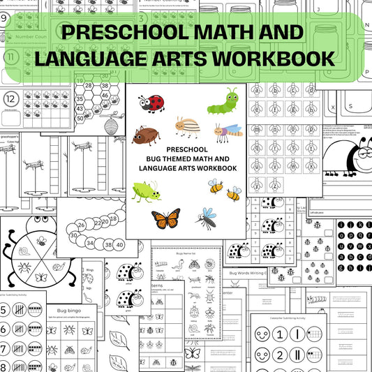 Printable Preschool Workbook | Insect Theme Toddler Activities | Homeschool Worksheets for Math and English