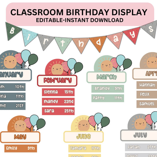 Classroom Birthday Printable Display Editable in Canva Boho Modern Classroom Management Decor PDFs + Teacher Templates Birthday Display