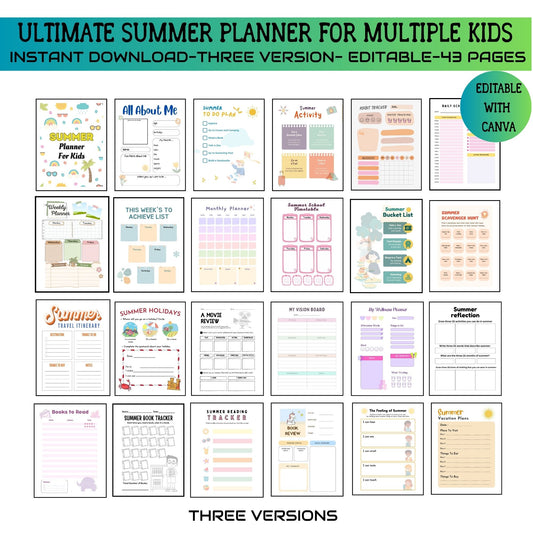 Printable Editable Summer Planner Bundle | Summer Calendar, Checklist & Chore Chart for Multiple Kids