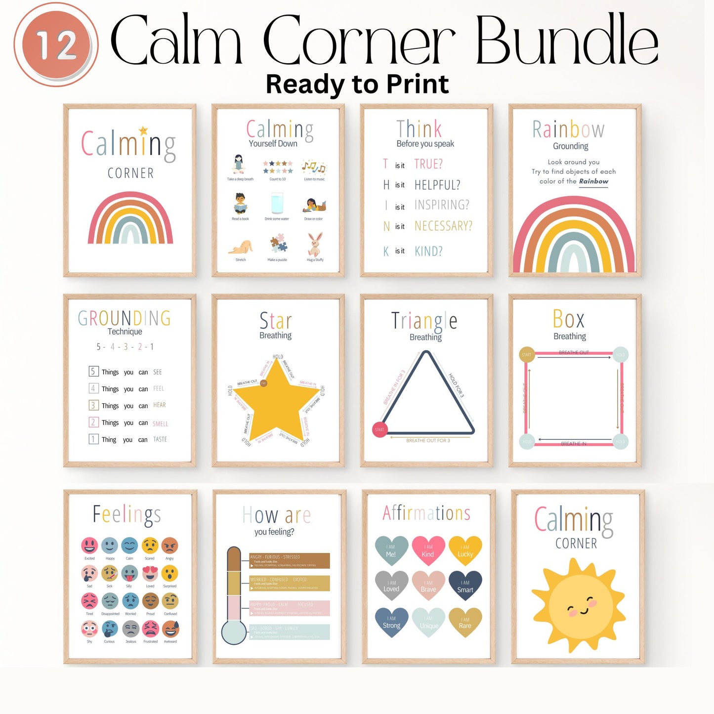 Set of 12 Soft Boho Calming Corner Posters Coping Techniques Wall Art for Kids Calm Down Skills Classroom Management Mental Health Prints