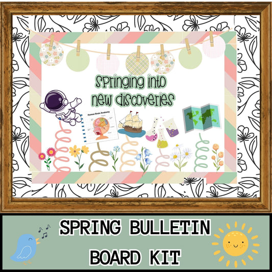 Spring Bulletin Board Kit | Springing into Discoveries | Borders, Bunting & Flowers Classroom & Door Decor for Spring Learning