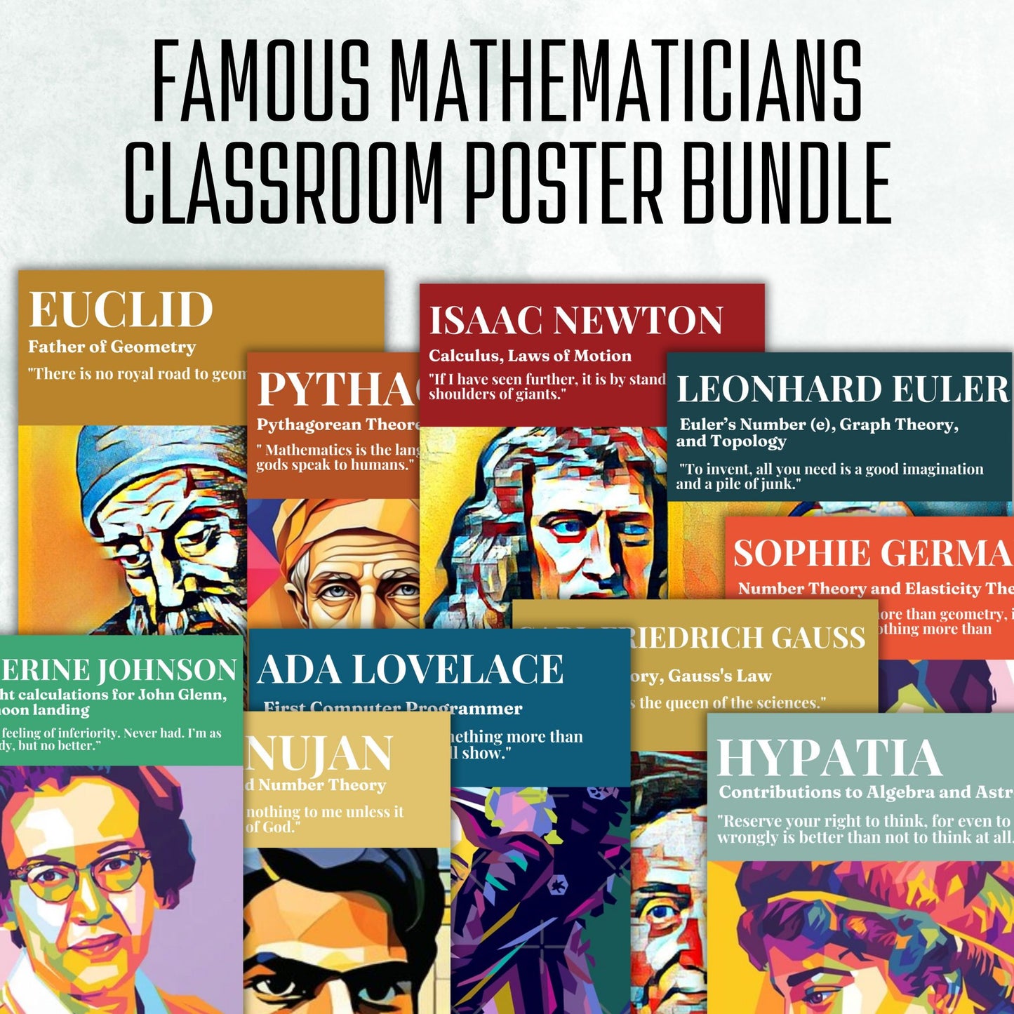 Famous Mathematicians Posters Set  of 15 Inspiring Classroom Decor Math Bulletin Board Mathematics Posters Mathematicians Quotes Bundle Geometry Physics Calculus Posters Maths Teacher Wall Art Newton Euclid