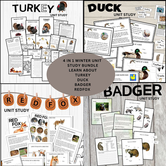 4-in-1 Animal Unit Study Bundle | Badger, Turkey, Duck & Red Fox Science Activities | Homeschool Nature Study Printables for Kids