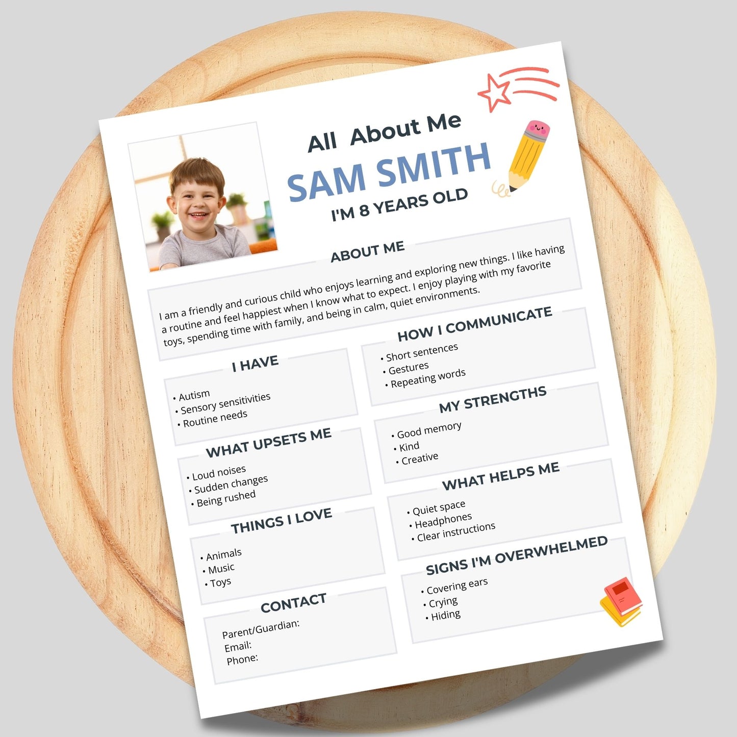 All about me worksheet for kids autism student profile printable editable Canva template