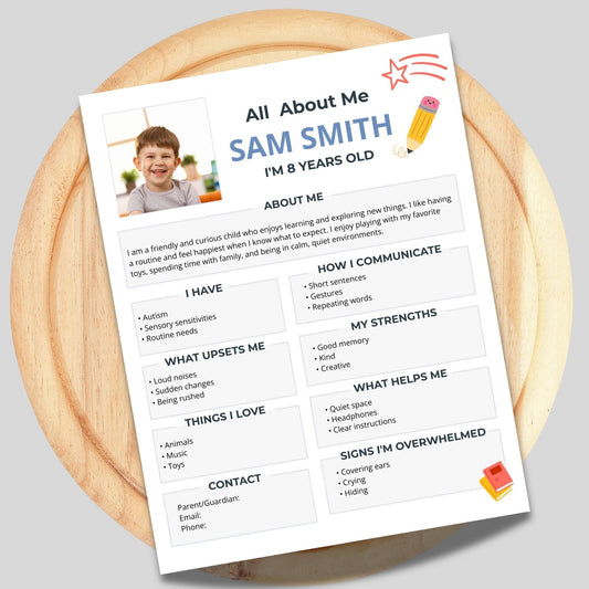 All about me worksheet for kids autism student profile printable editable Canva template