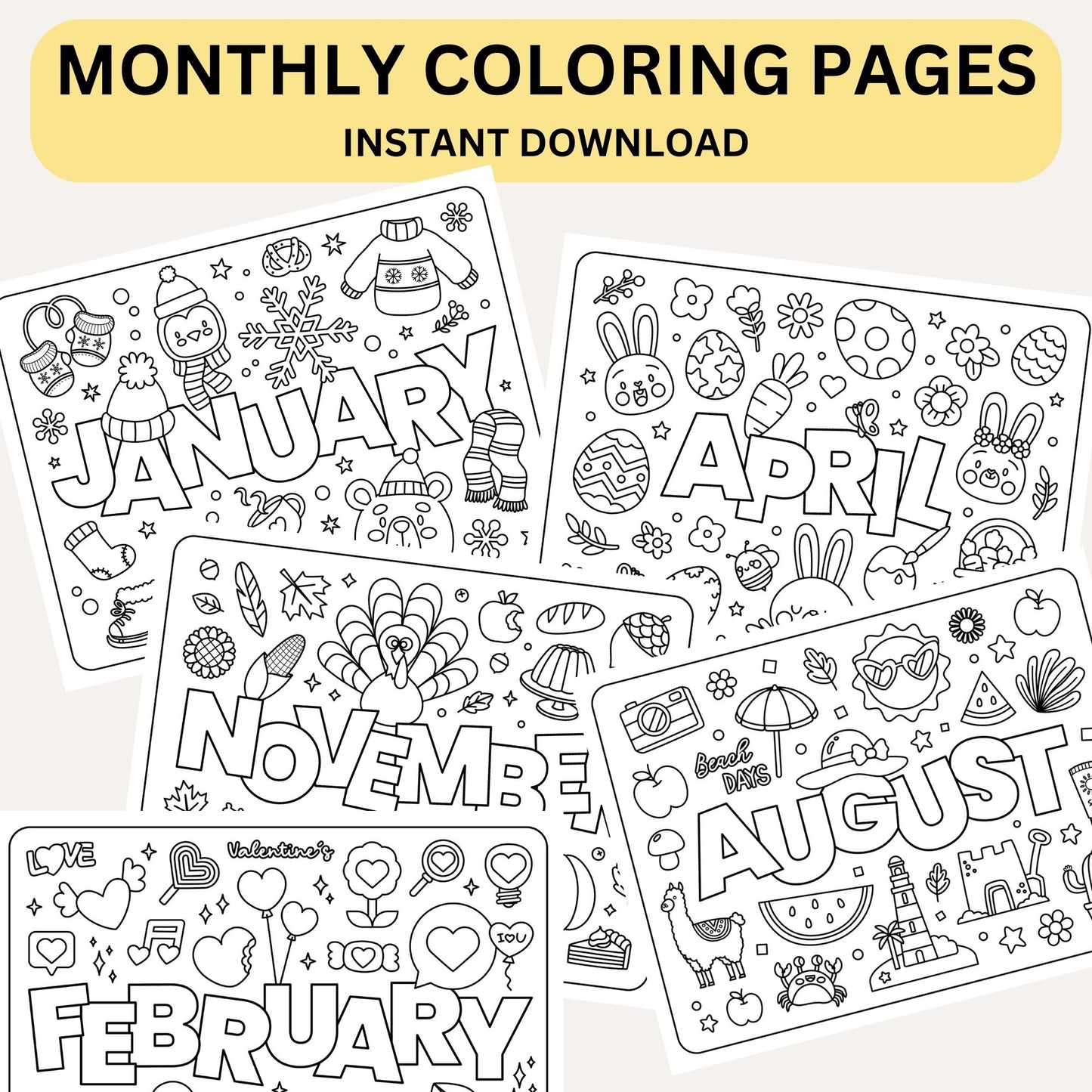 All 12 Months Color Sheets | Monthly Coloring Pages January Through December | Digital Downloads for Preschool Learning