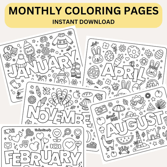 All 12 Months Color Sheets | Monthly Coloring Pages January Through December | Digital Downloads for Preschool Learning