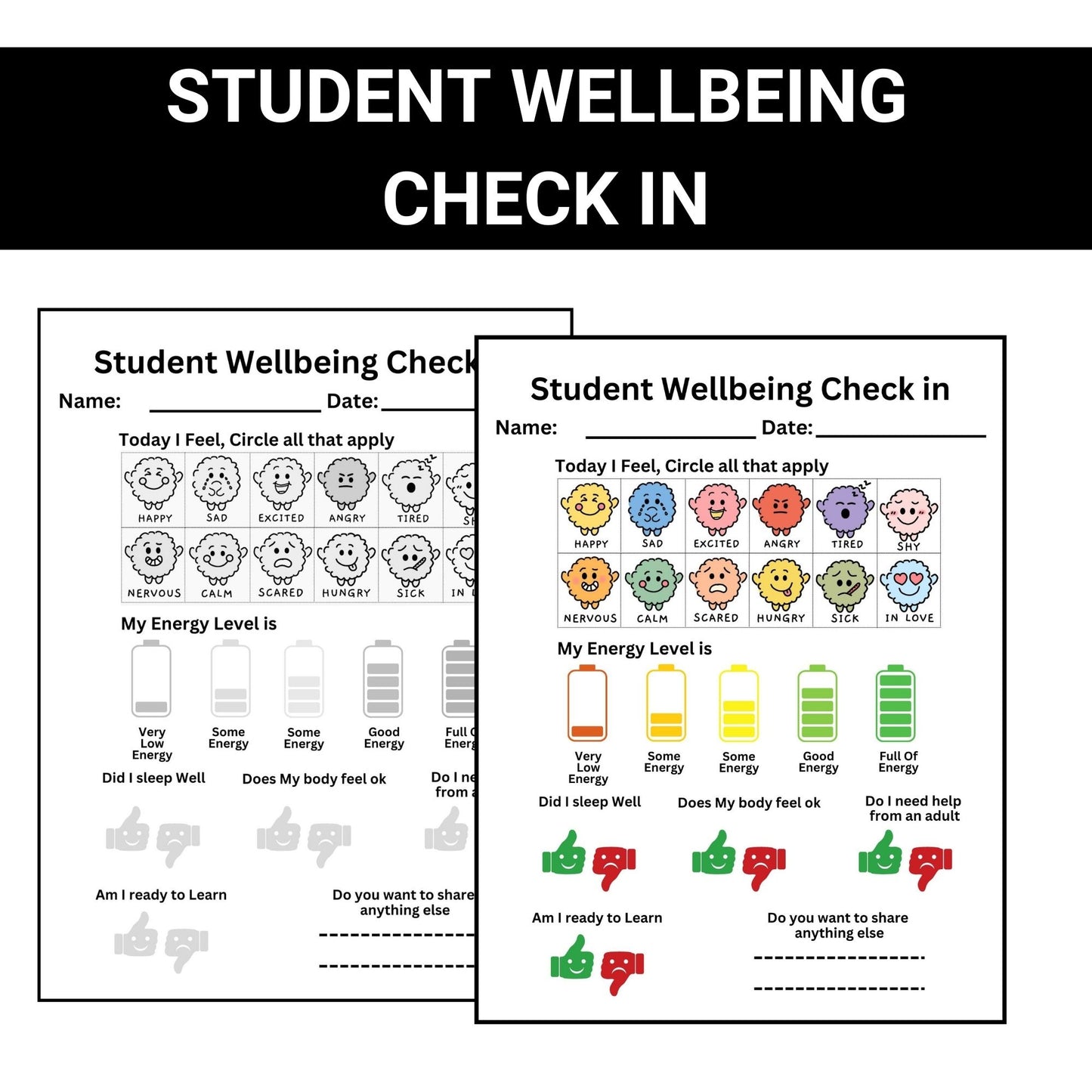 Student Wellness Check-In Sheet | Daily Wellbeing & Emotions Tracker | Teacher Resource for Elementary Students