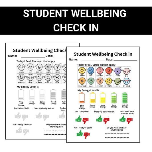 Student Wellness Check-In Sheet | Daily Wellbeing & Emotions Tracker | Teacher Resource for Elementary Students