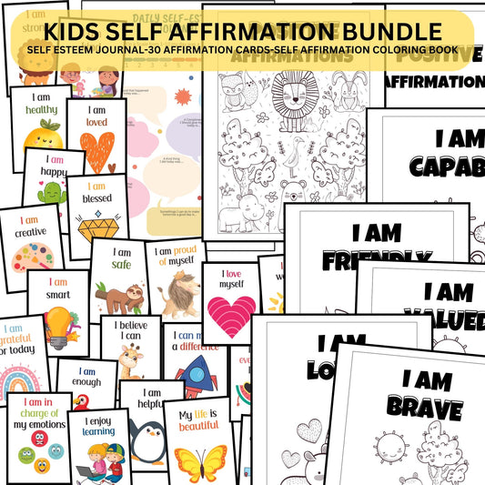 Self worth journal and cards bundle self esteem confidence kids  self affirmation self identity mental health CBT affirmation coloring kids
