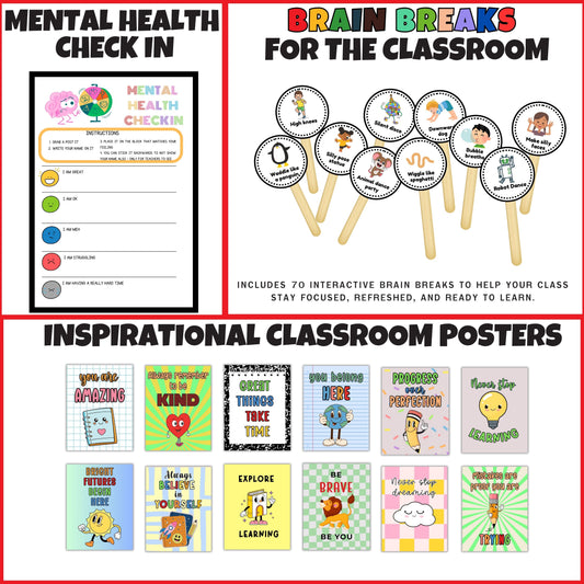 Mindful Classroom Bundle | Brain Break Cards, Motivational Posters & SEL Check-In Chart for Kids | Classroom Decor & Wellness Kit