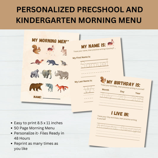 Personalized Preschool Morning Menu Printable Homeschool Preschool Worksheets Homeschool Menu Alphabet Numbers Colors Mindfulness