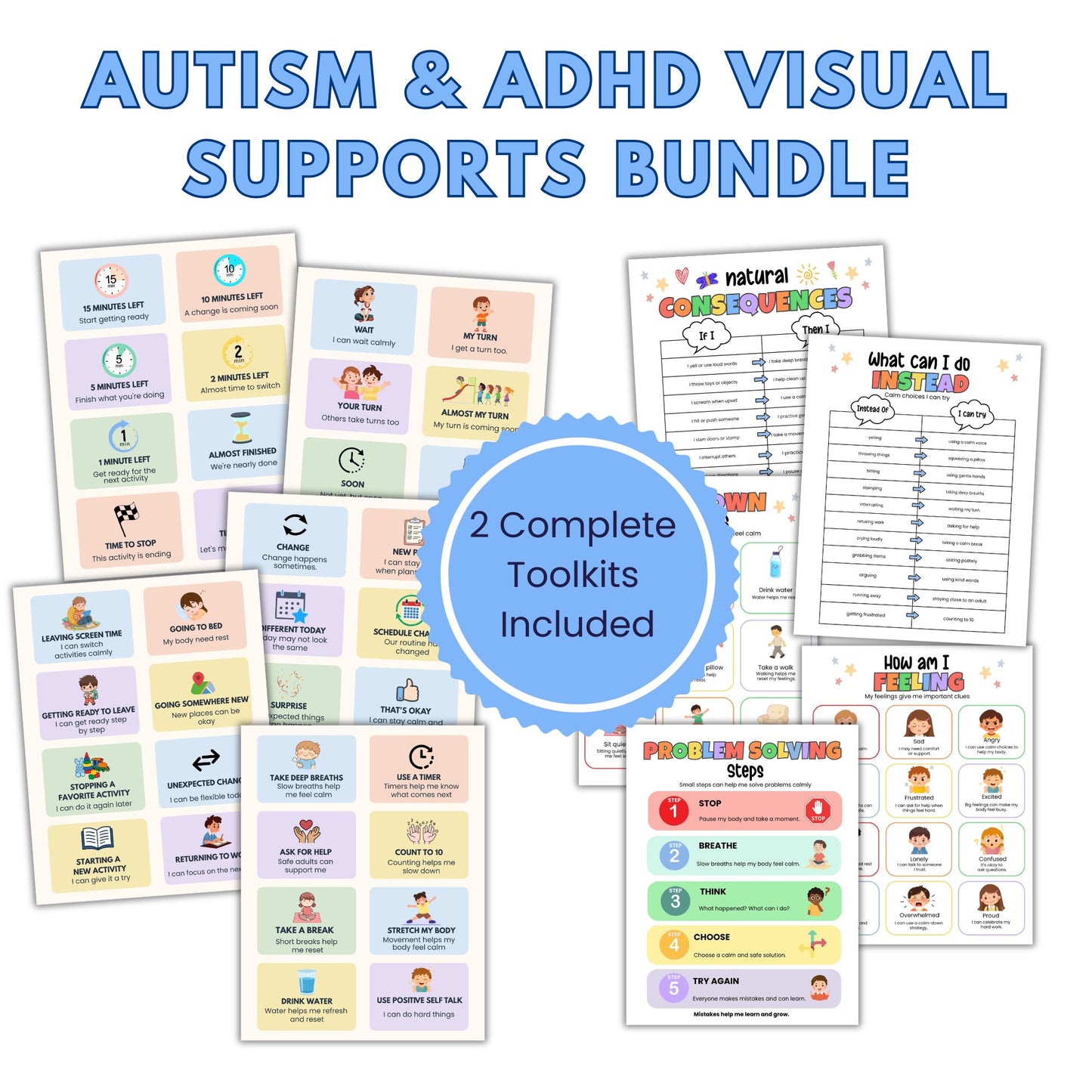 Autism and ADHD visual supports bundle with emotional regulation activities, behavior support tools, transition cards, and editable Canva templates for kids