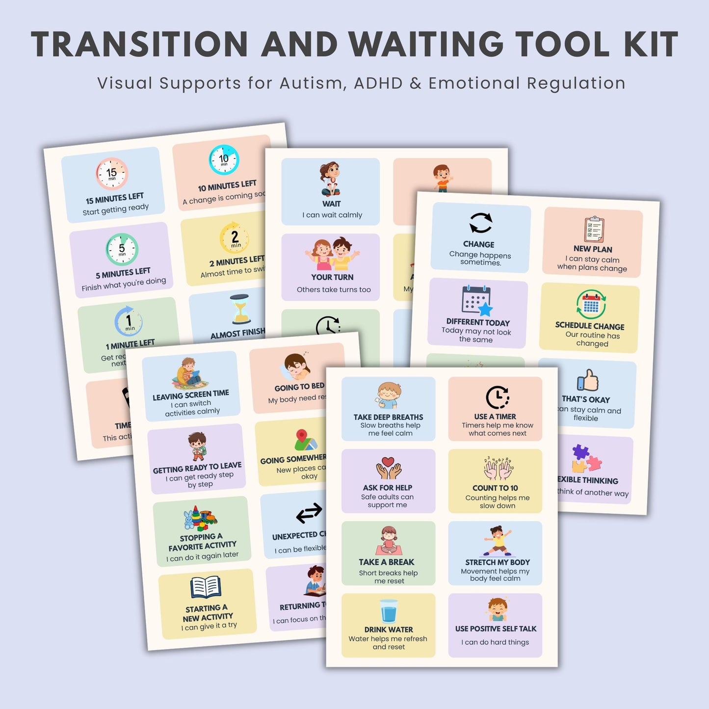 Autism ADHD transition and waiting toolkit featuring printable visual supports, transition cards, waiting cards, and emotional regulation activities