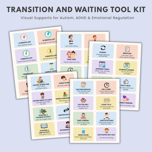 Autism ADHD transition and waiting toolkit featuring printable visual supports, transition cards, waiting cards, and emotional regulation activities