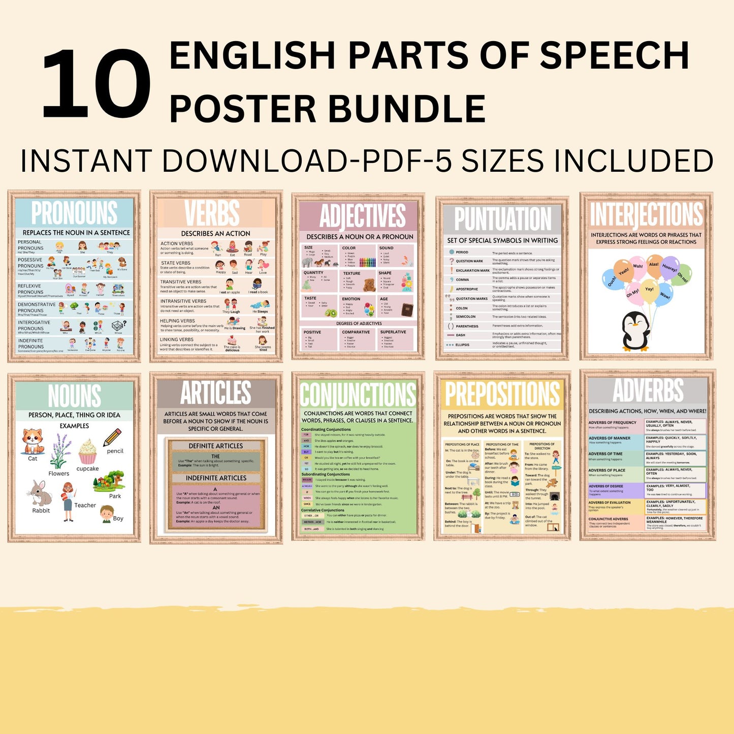 English Classroom Poster Bundle Bulletin Board Parts of Speech Pastel Boho Classroom Decor Modern English Classroom Posters Elementary