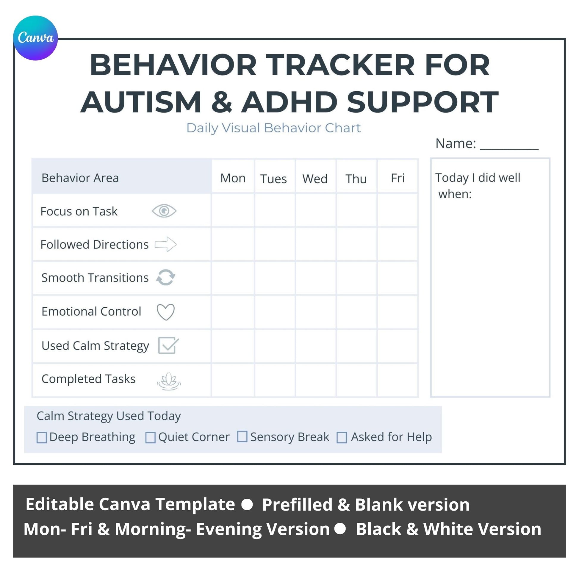 Autism and ADHD behavior tracker printable daily and weekly executive function chart