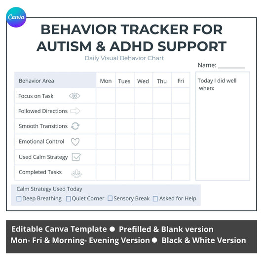 Autism and ADHD behavior tracker printable daily and weekly executive function chart