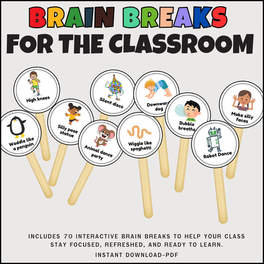 70 Brain Break Cards for Kids | Printable Classroom Movement, Focus, Calm, and Activity Breaks for Teachers and Homeschool