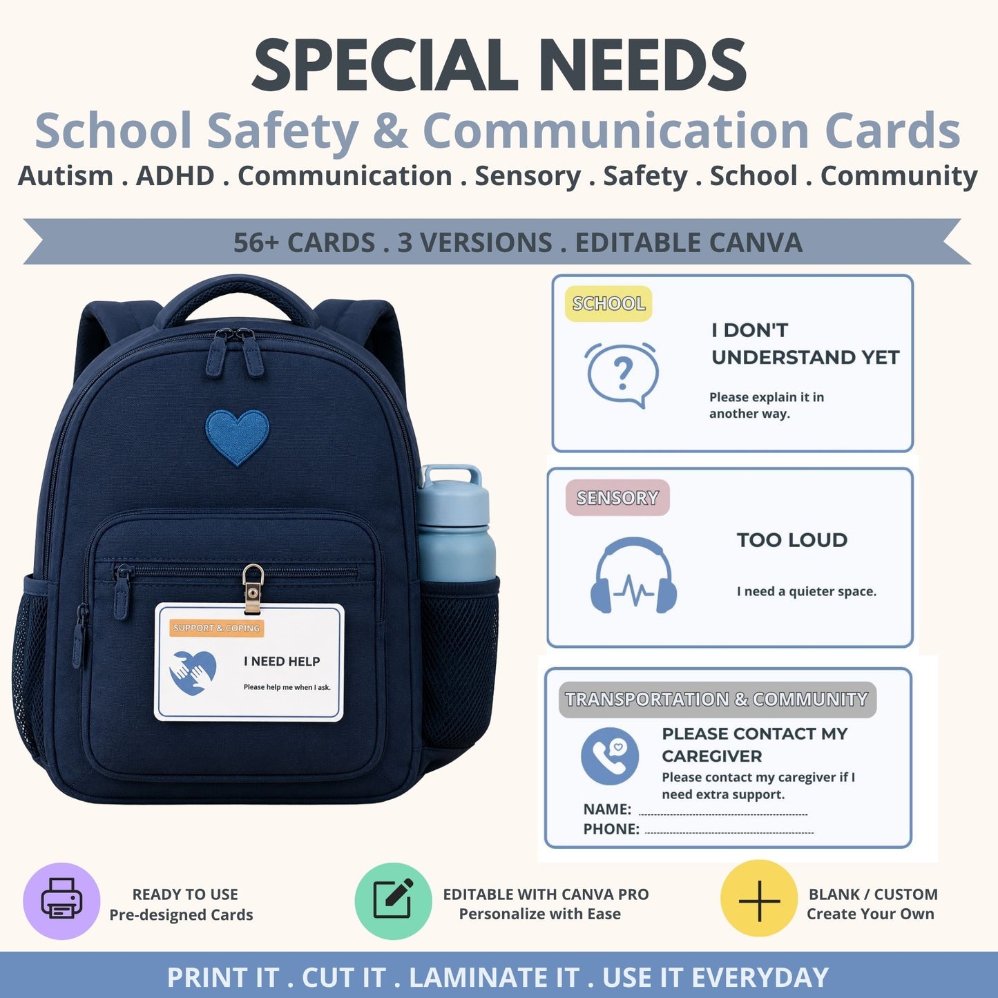 Special needs communication cards for autism and ADHD with portable visual support cards