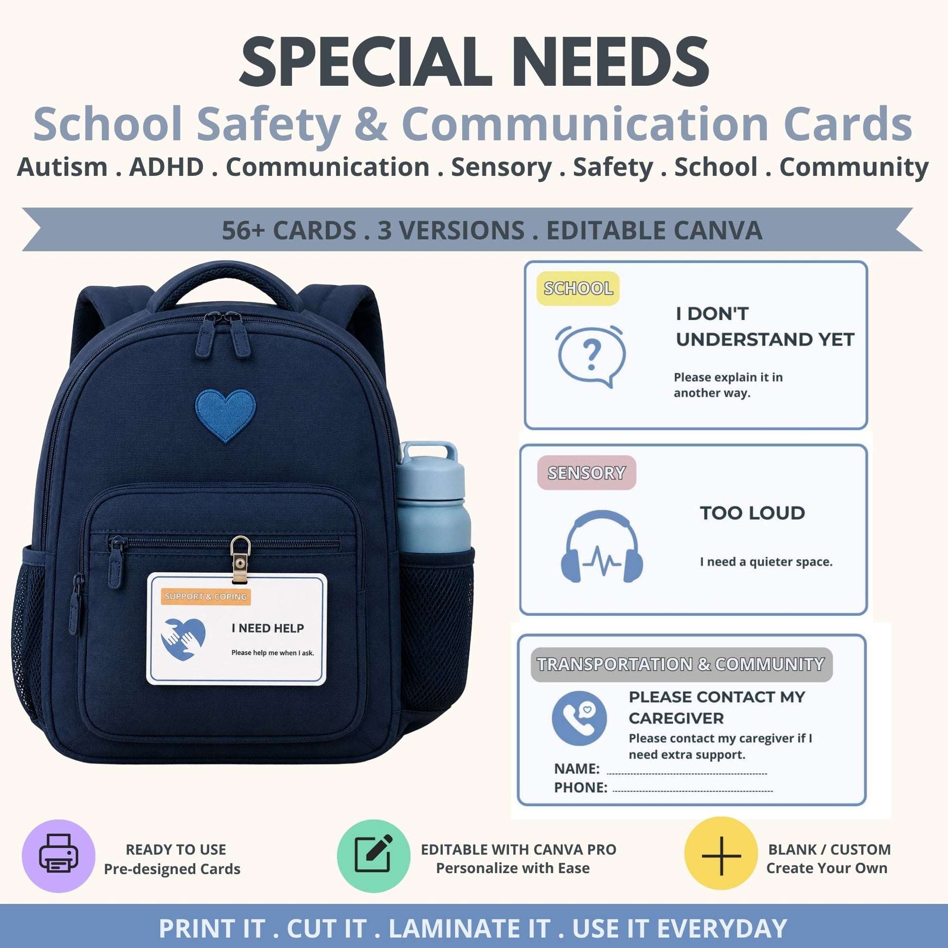 Special needs communication cards for autism and ADHD with portable visual support cards
