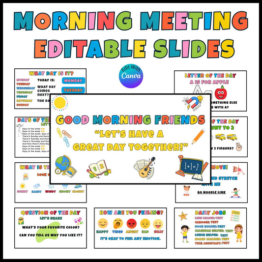 Morning Meeting Slides for Teachers – Editable Canva Template for Preschool and Elementary Classrooms