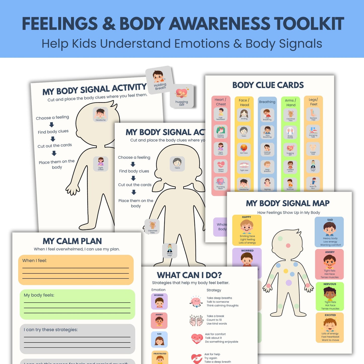 Body awareness activities for kids featuring emotional regulation worksheets, interoception activities, feelings cards, and coping skills printables