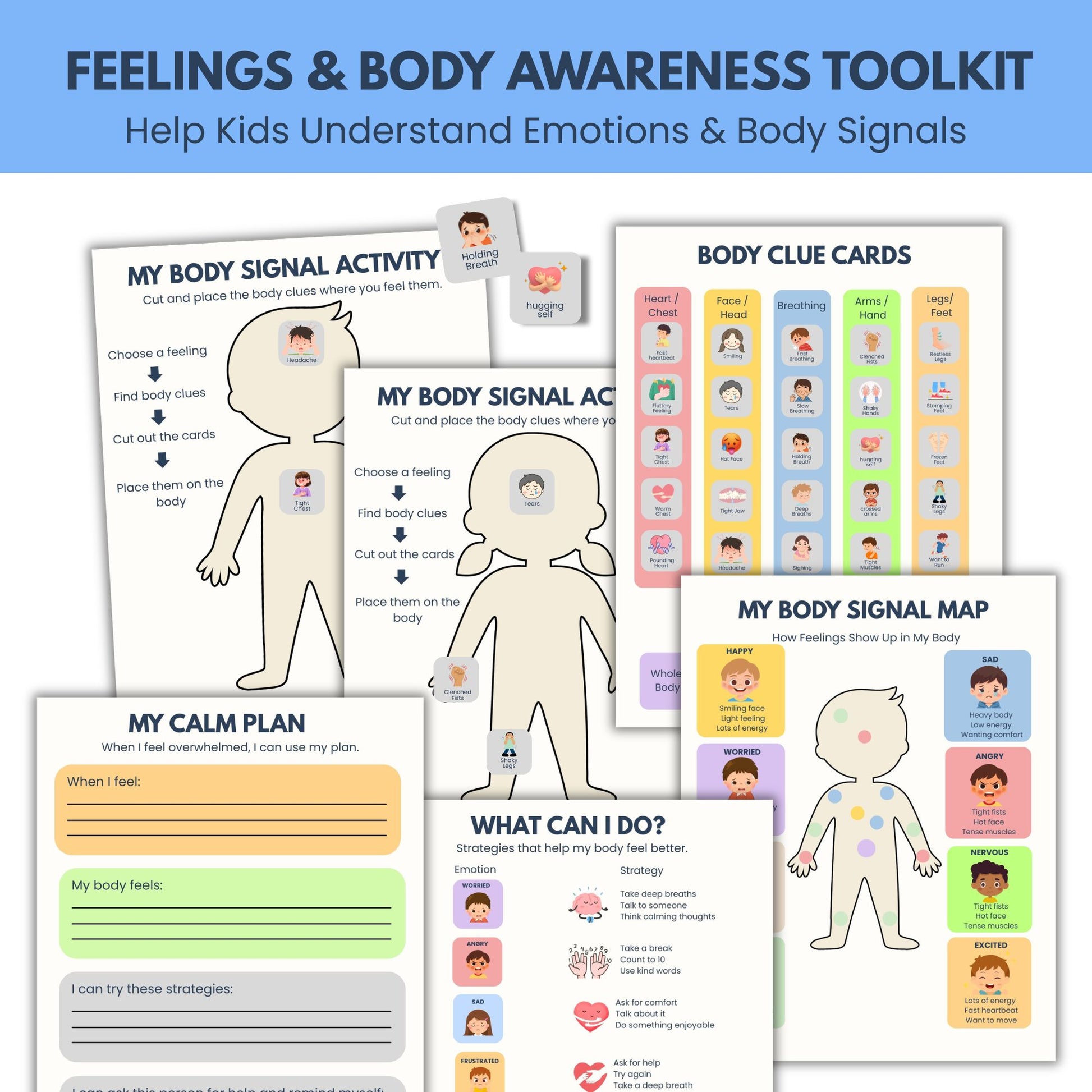 Body awareness activities for kids featuring emotional regulation worksheets, interoception activities, feelings cards, and coping skills printables