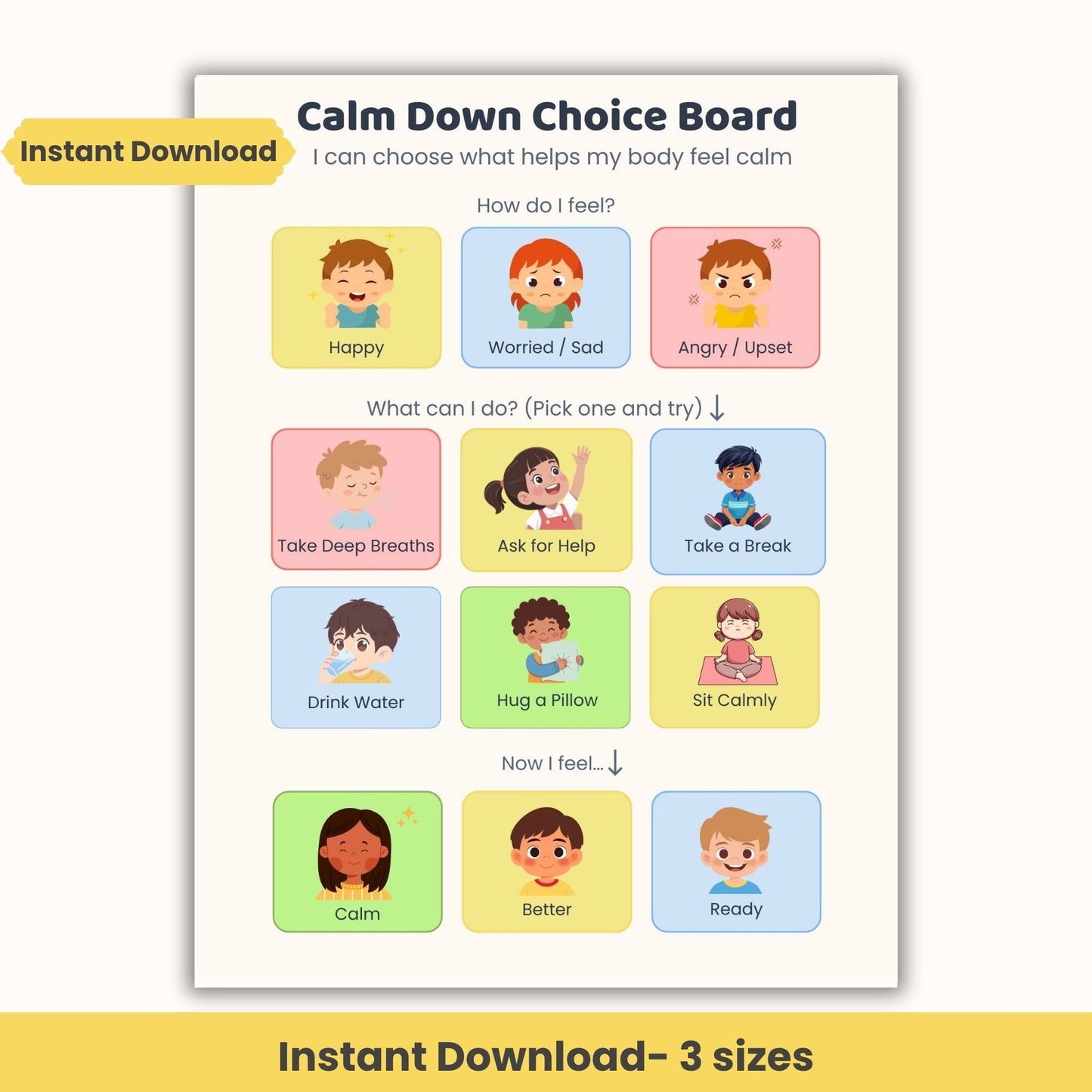 calm down choice board for kids emotional regulation printable