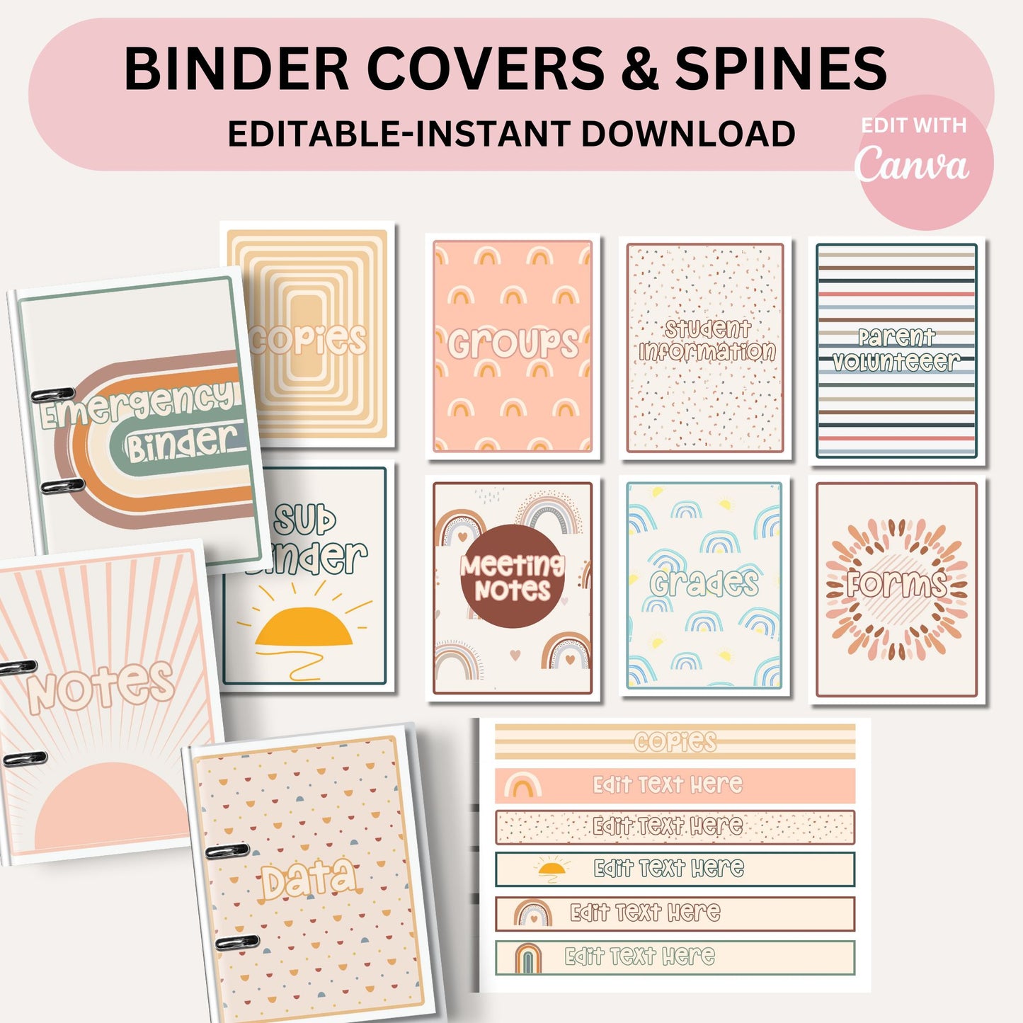 Editable Classroom Binder Covers & Spines | Modern Boho Teacher Organization | Canva Templates PDF | Binder Cover Printables