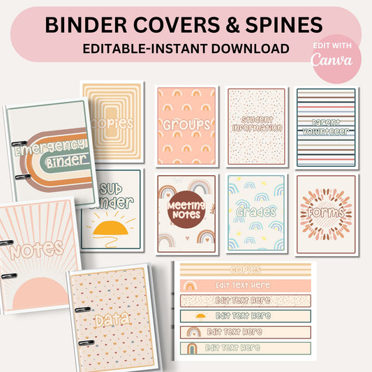 Editable Classroom Binder Covers & Spines | Modern Boho Teacher Organization | Canva Templates PDF | Binder Cover Printables