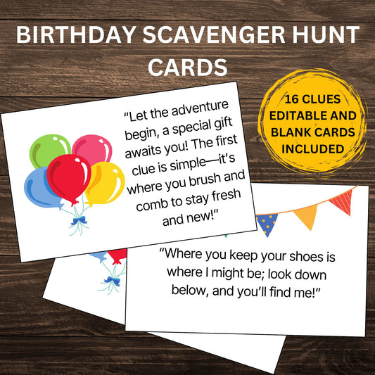 Printable Birthday Scavenger Hunt Clue Cards – Customizable Riddle Set Template Bday Party Boy Girl Treasure Hunt Game For Kids Teens Birthday Clue Cards