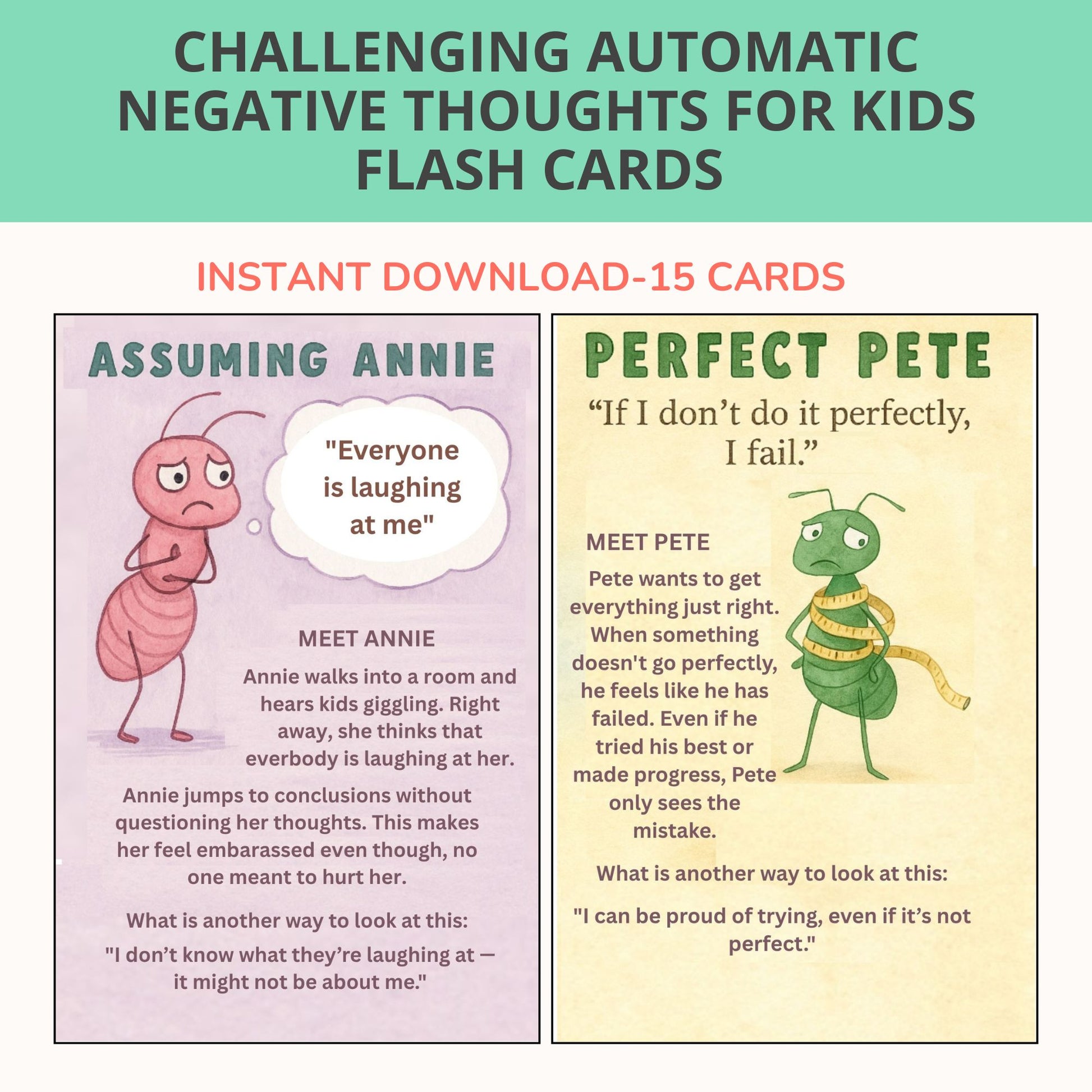 Automatic Negative Thoughts ANT cards printable for kids CBT therapy flashcards