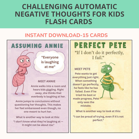 Automatic Negative Thoughts ANT cards printable for kids CBT therapy flashcards