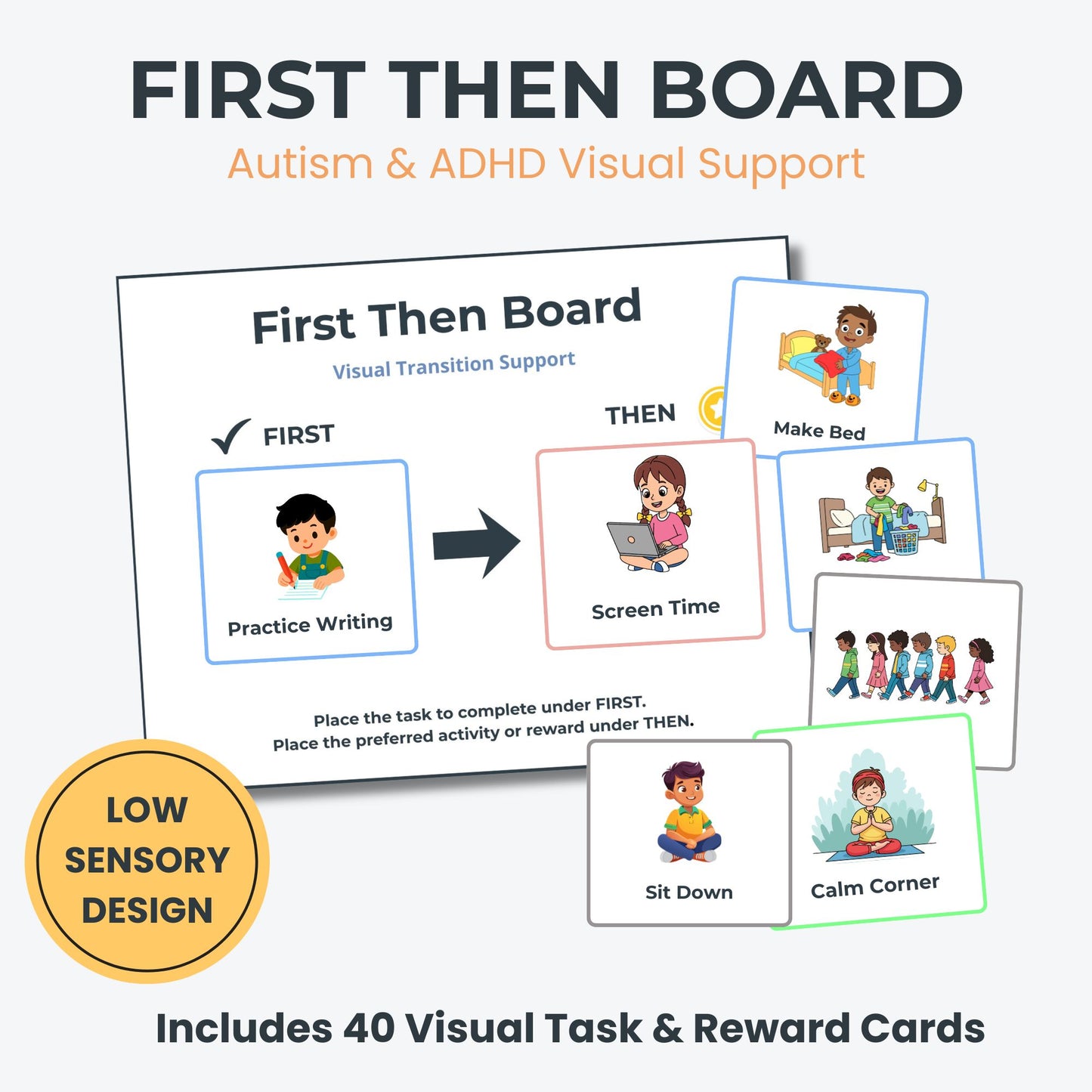 Autism ADHD First Then board printable with 40 visual task cards