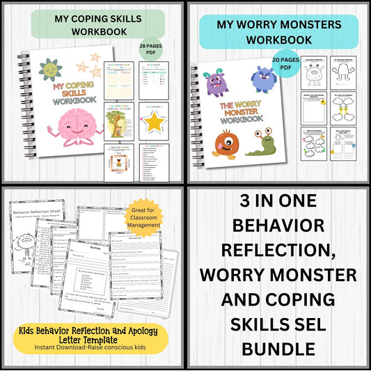 Behavior Reflection, Worry Monster & Coping Skills SEL Bundle | Calm Down Corner, Emotional Regulation Activities for Kids